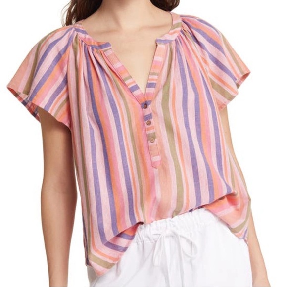 XiRENA Tops - XiRENA Pink Kimber Striped Linen Top - Small